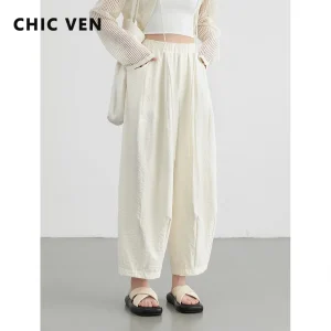 CHIC VEN Women White Pants Solid Casual Elastic Waist High Waisted Pleated Wide Leg Female Trousers Fold Summer 2025 Clothing