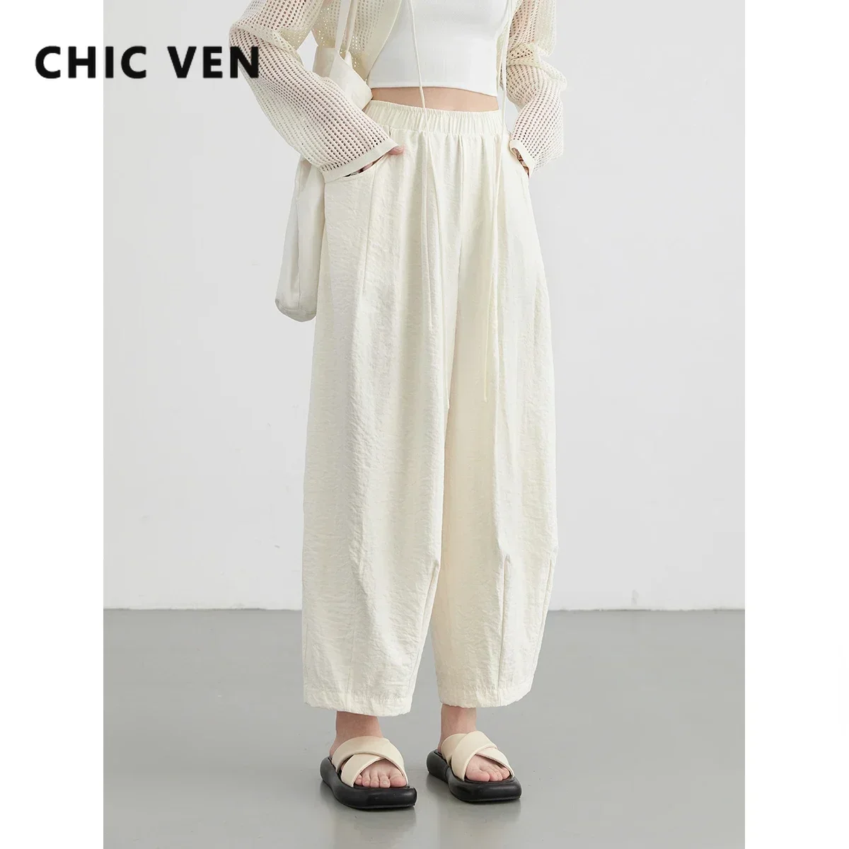 CHIC VEN Women White Pants Solid Casual Elastic Waist High Waisted Pleated Wide Leg Female Trousers Fold Summer 2025 Clothing