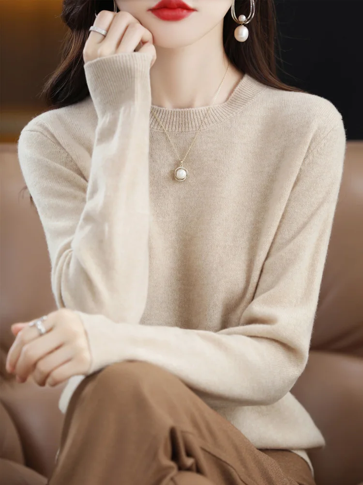 Fashion 100% Merino Wool Sweater Elegant Cashmere Pullover Women O-Neck Long Sleeve Knitwear Basic Clothing Jumper Tops - Image 6