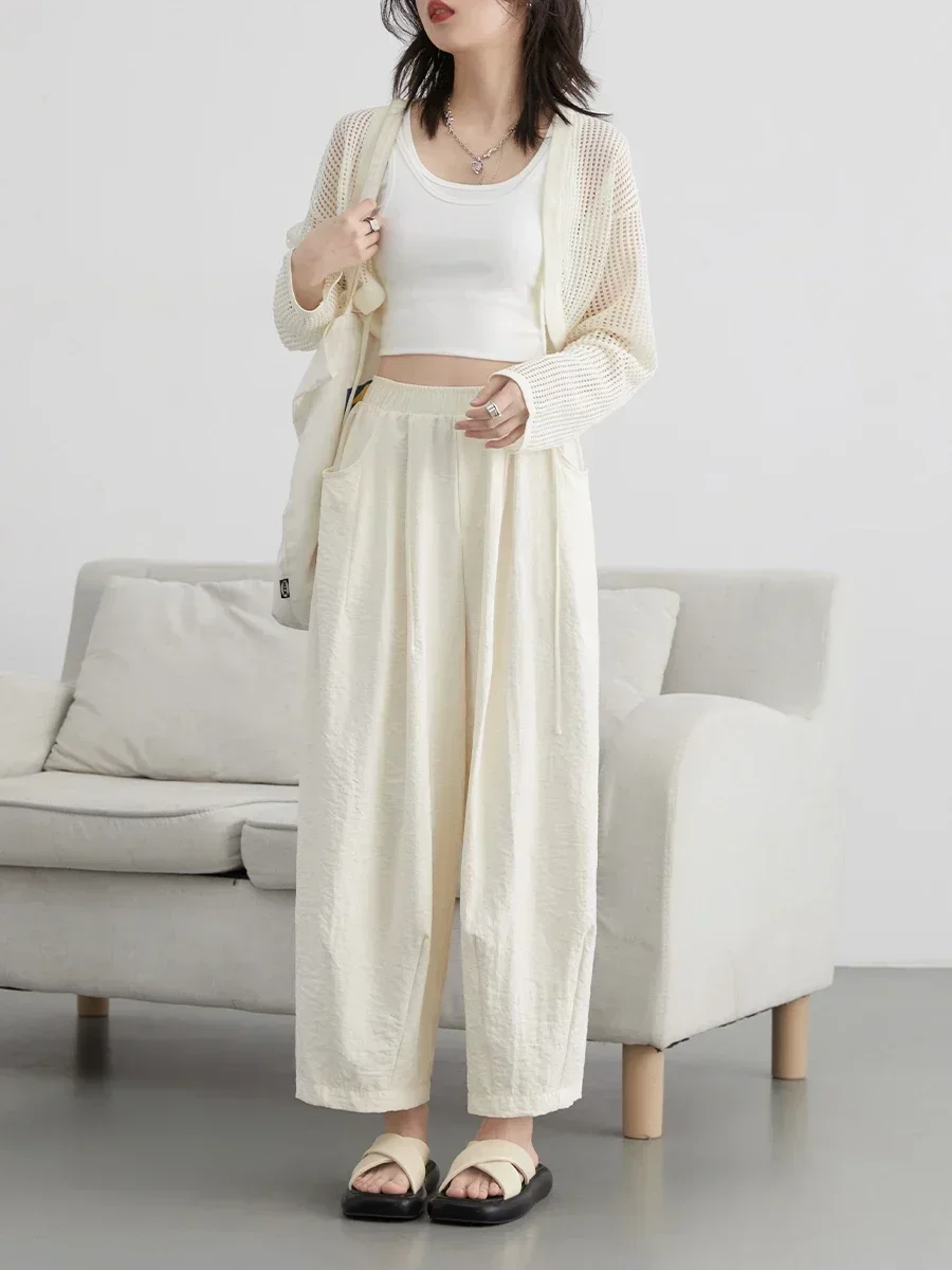 CHIC VEN Women White Pants Solid Casual Elastic Waist High Waisted Pleated Wide Leg Female Trousers Fold Summer 2025 Clothing - Image 3