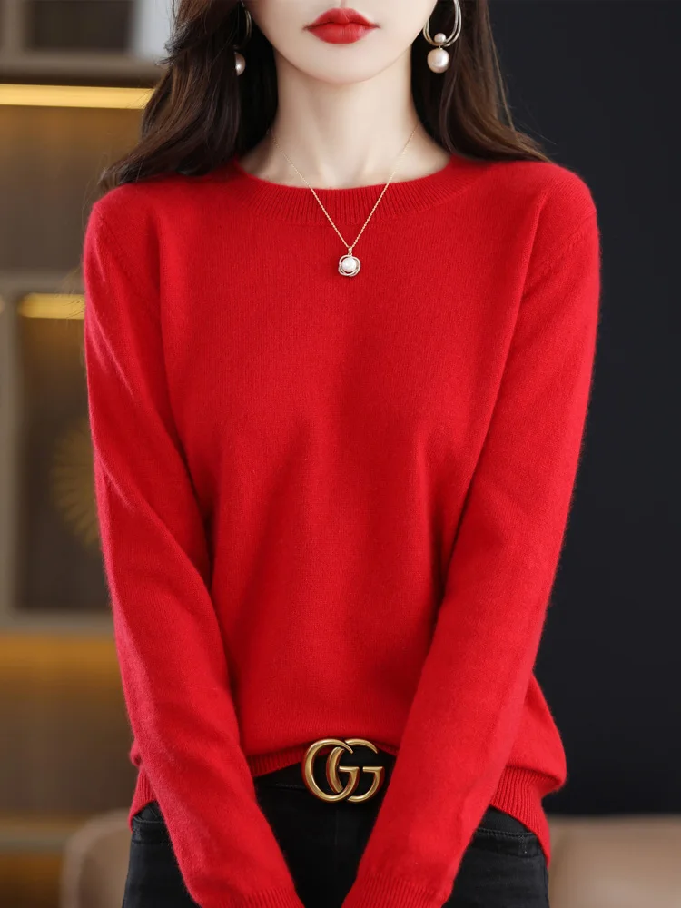 Fashion 100% Merino Wool Sweater Elegant Cashmere Pullover Women O-Neck Long Sleeve Knitwear Basic Clothing Jumper Tops - Image 3