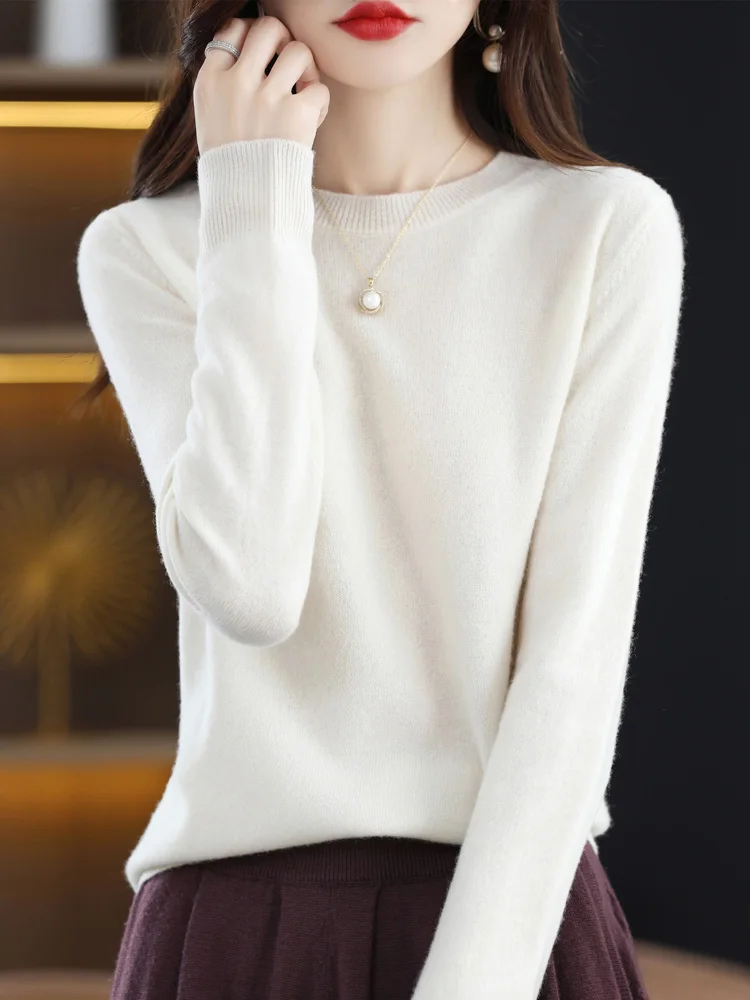 Fashion 100% Merino Wool Sweater Elegant Cashmere Pullover Women O-Neck Long Sleeve Knitwear Basic Clothing Jumper Tops - Image 5